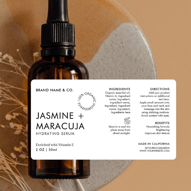 Minimalist Modern Simple Cosmetic Dropper Bottle Label (Modern cosmetic bottle label design in black & white with space for ingredients)