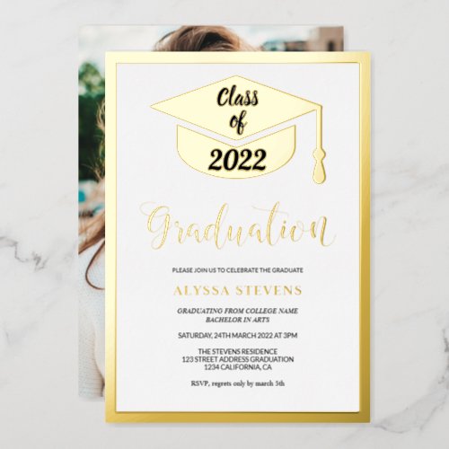 Minimalist modern simple gold graduation photo foil invitation