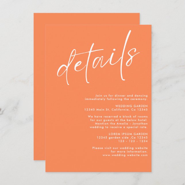 Minimalist modern  simple orange wedding details enclosure card (Front/Back)