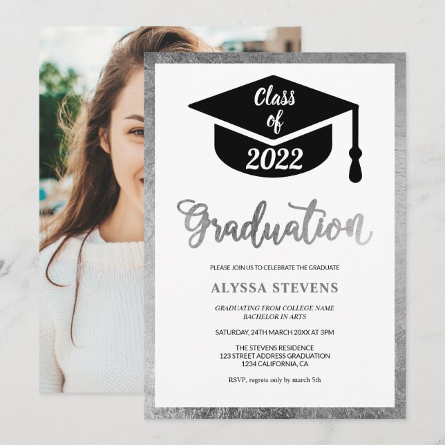 Minimalist modern simple silver graduation photo invitation (Front/Back)