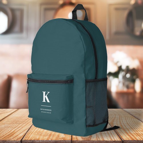 Minimalist Modern Smoke Green Large Initial Printed Backpack