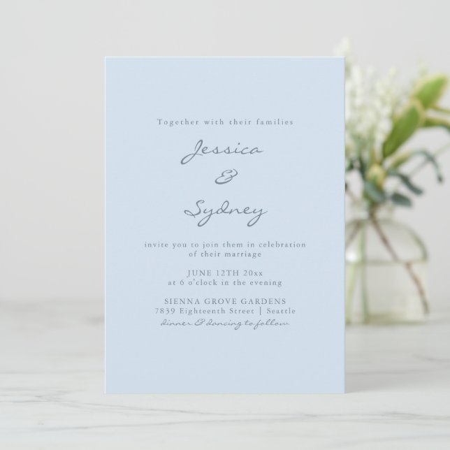 Minimalist Modern Soft Blue Script Wedding Invitation (Standing Front)