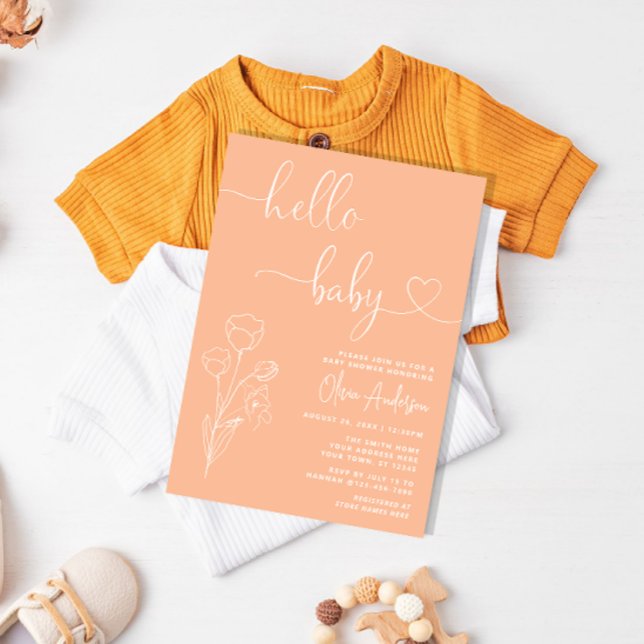 Minimalist Modern Soft Peach Floral Baby Shower Invitation (Creator Uploaded)