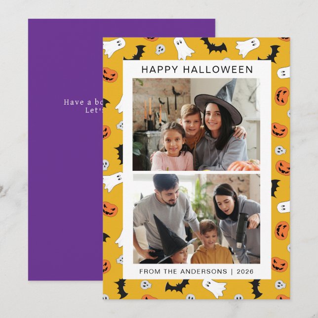 Minimalist Modern Spooky Happy Halloween 2 Photo Holiday Card (Front/Back)