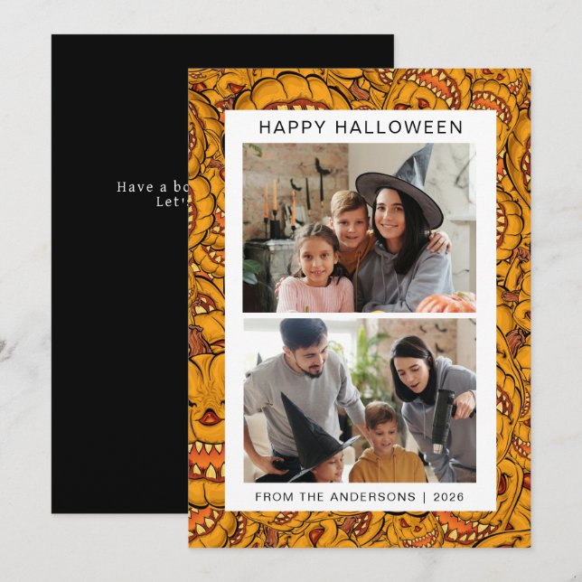 Minimalist Modern Spooky Happy Halloween 2 Photo Holiday Card (Front/Back)