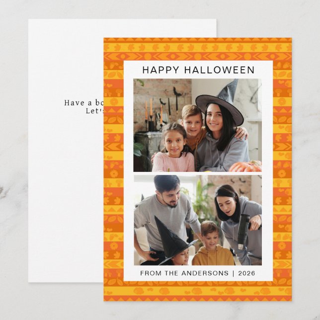 Minimalist Modern Spooky Happy Halloween 2 Photo Holiday Card (Front/Back)