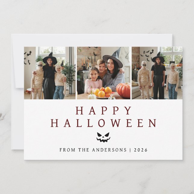 Minimalist Modern Spooky Happy Halloween 3 Photo Holiday Card (Front)