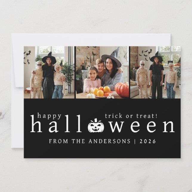 Minimalist Modern Spooky Happy Halloween 3 Photo Holiday Card (Front)