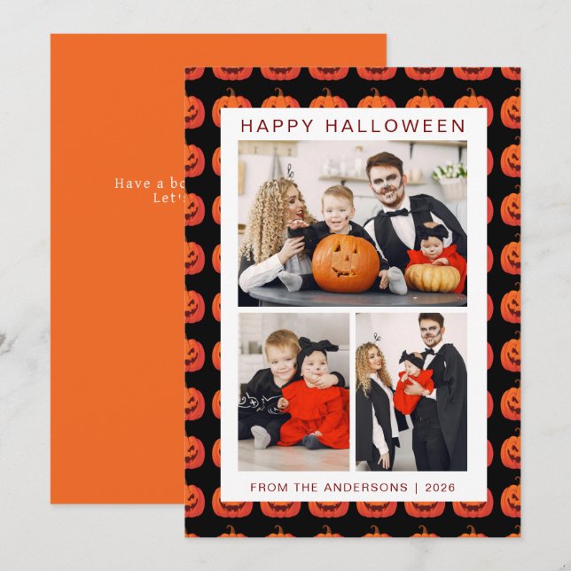 Minimalist Modern Spooky Happy Halloween 3 Photo Holiday Card (Front/Back)