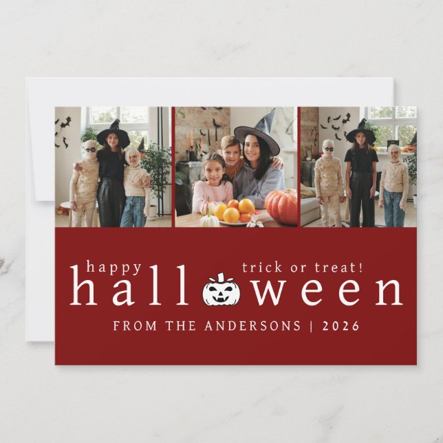 Minimalist Modern Spooky Happy Halloween 3 Photo Holiday Card (Front)