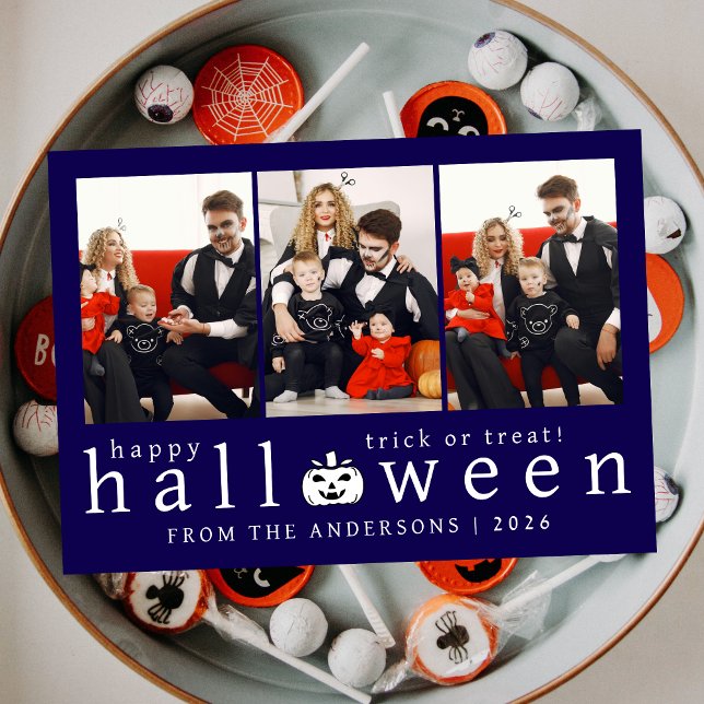 Minimalist Modern Spooky Happy Halloween 3 Photo Holiday Card (Creator Uploaded)