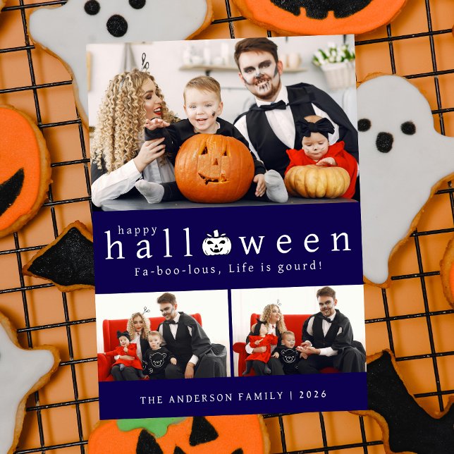 Minimalist Modern Spooky Happy Halloween 3 Photo Holiday Card (Creator Uploaded)