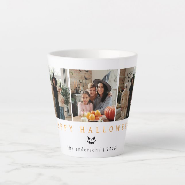Minimalist Modern Spooky Happy Halloween 3 Photo Latte Mug (Front)