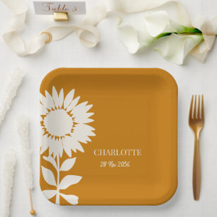 Minimalist Modern Sunflower Custom Name Birthday Paper Plates