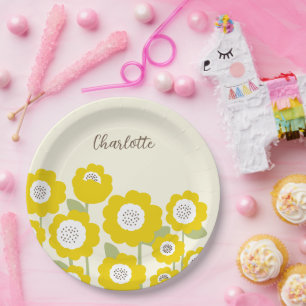 Minimalist Modern Sunflower Minimal Custom Name Paper Plates