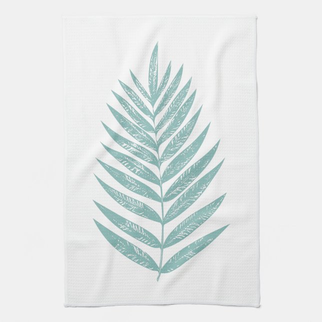 MInimalist Modern Teal Blue Palm Frond Kitchen Towel (Vertical)