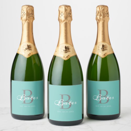 Minimalist Modern Teal Wedding Monogram Name Sparkling Wine Label