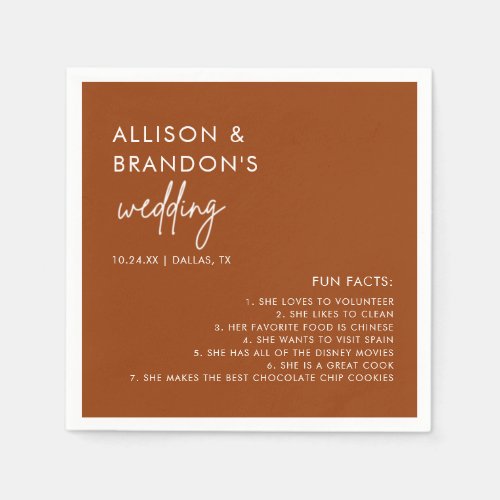 Minimalist Modern Terracotta Wedding Fun Facts Napkins