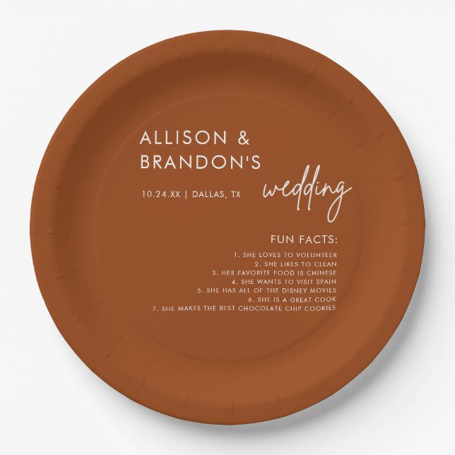 Minimalist Modern Terracotta Wedding Fun Facts Paper Plates (Front)