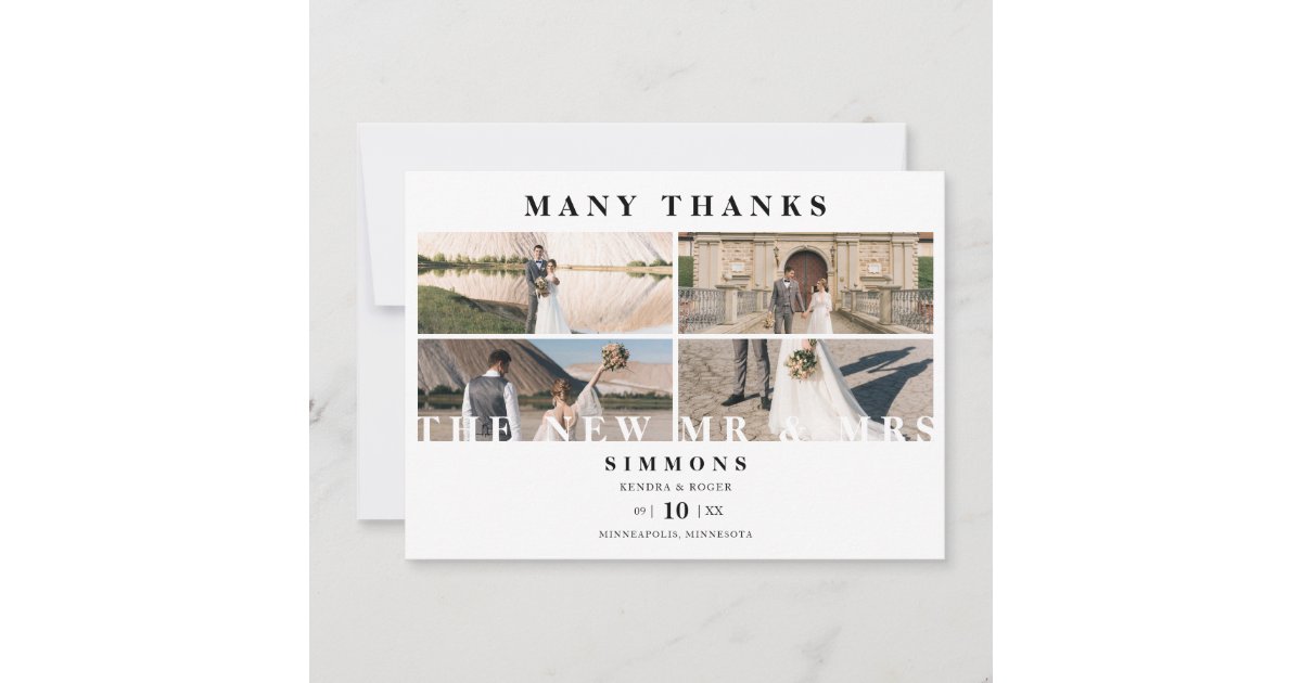 Minimalist Modern Trendy Collage Wedding 4 Photos Thank You Card | Zazzle