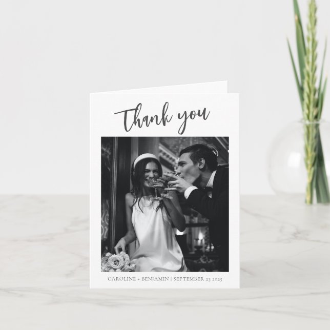 Minimalist Modern Trendy Script Wedding Picture Thank You Card (Front)