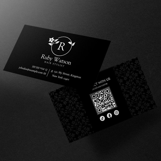 Minimalist Modern Two Initial Hairstylist Black Business Card (Creator Uploaded)