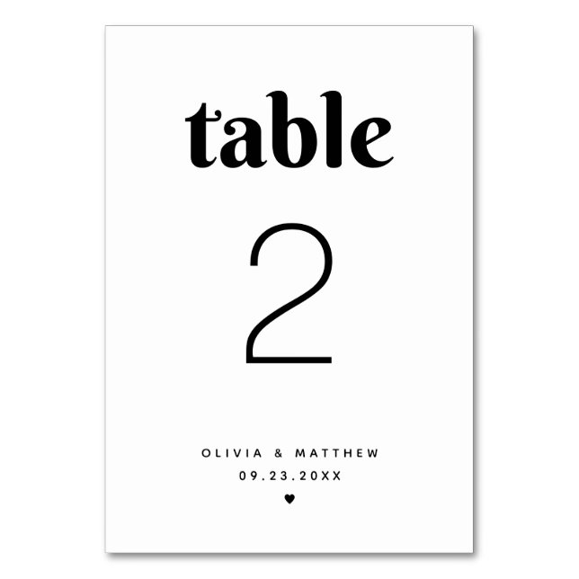 Minimalist Modern Typography. Black White Wedding Table Number (Front)