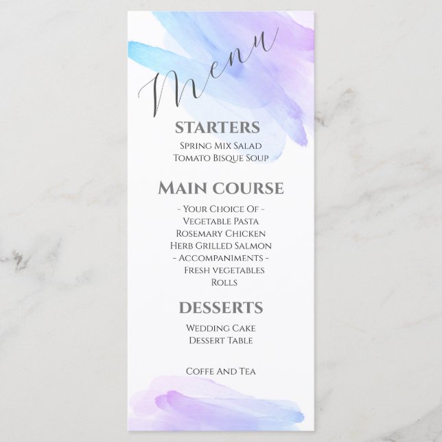 minimalist modern watercolor blue and purple menu (Front)