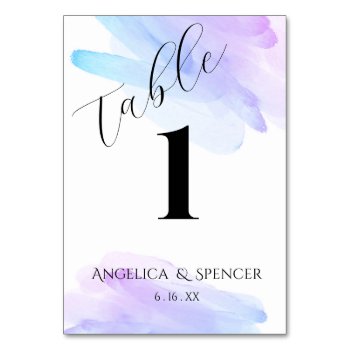 Minimalist Modern Watercolor Blue And Purple Table Number by annpowellart at Zazzle