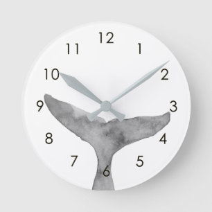 Minimalist Modern Watercolor Whale Fluke Round Clock