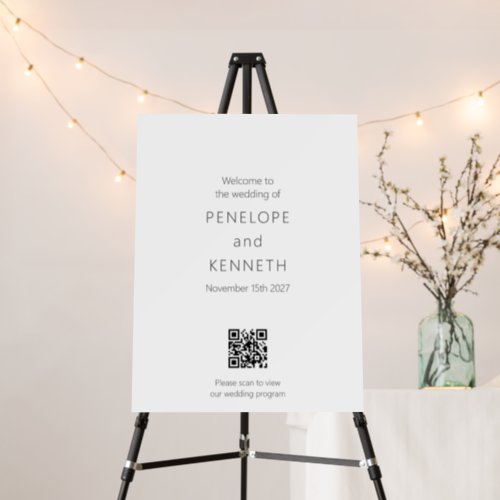 Minimalist Modern Wedding Welcome Program QR Code  Foam Board