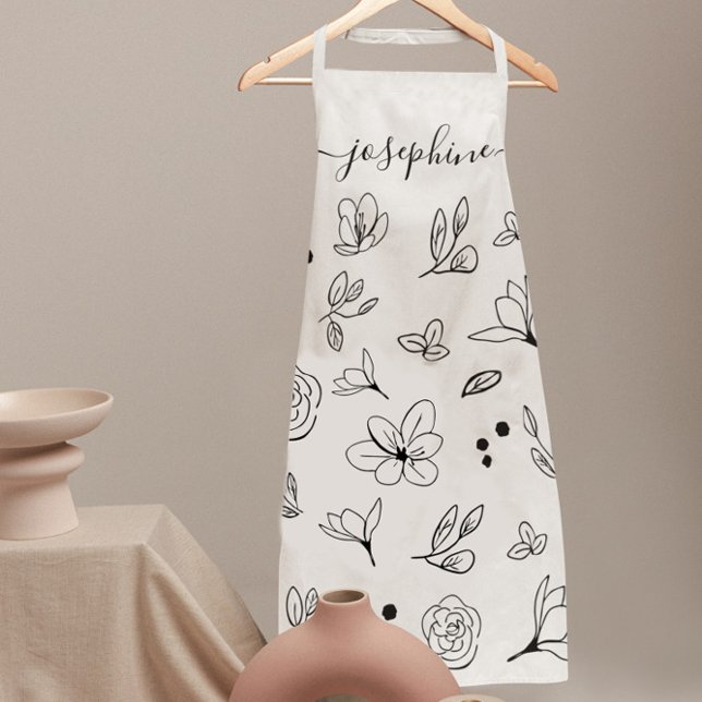 Minimalist modern white black floral Personalized Apron (Personalized White apron with black floral illustration by Lorena Depante.)