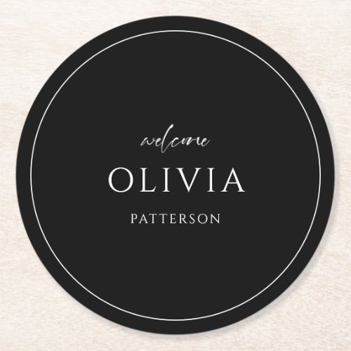 Minimalist Modern White Black Placecard Round Paper Coaster