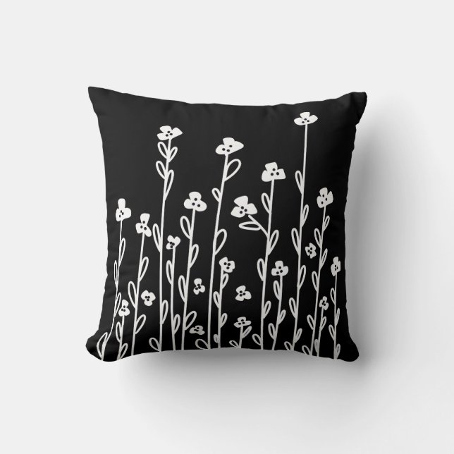 Minimalist modern white doodle floral throw pillow (Front)