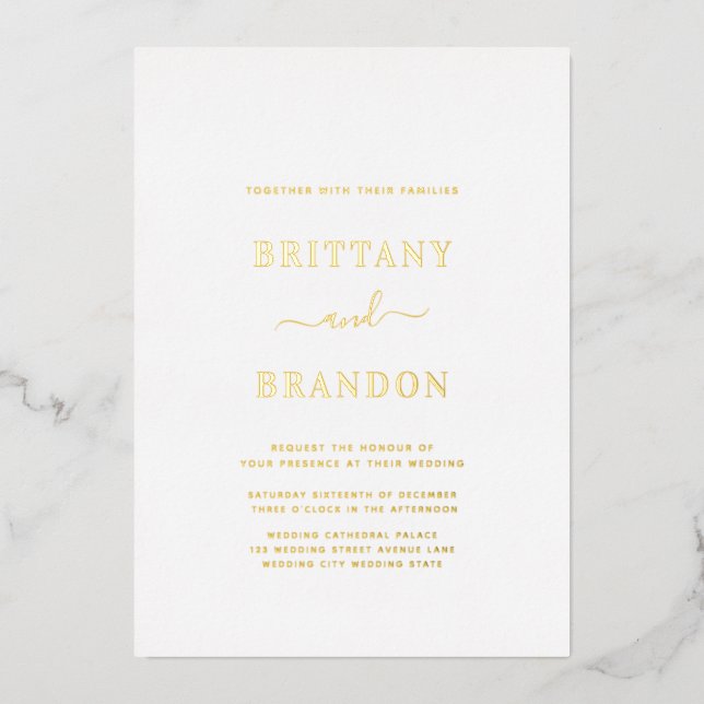 Minimalist Modern White Gold Wedding Foil Invitation (Front)