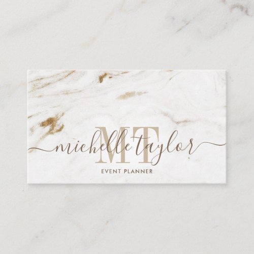 Minimalist modern white marble  gold monogram business card