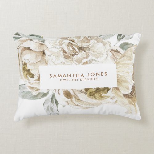 Minimalist Modern White Peonie Floral Watercolor Accent Pillow