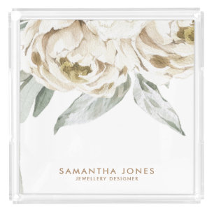 Minimalist Modern White Peonie Floral Watercolor Acrylic Tray