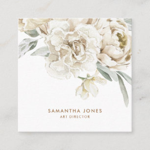 Minimalist Modern White Peonie Floral Watercolor Calling Card