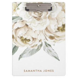 Minimalist Modern White Peonie Floral Watercolor Clipboard