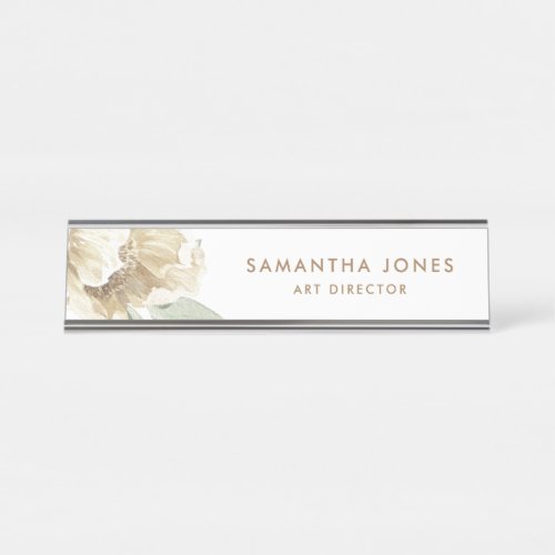 Minimalist Modern White Peonie Floral Watercolor Desk Name Plate