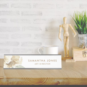 Minimalist Modern White Peonie Floral Watercolor Desk Name Plate