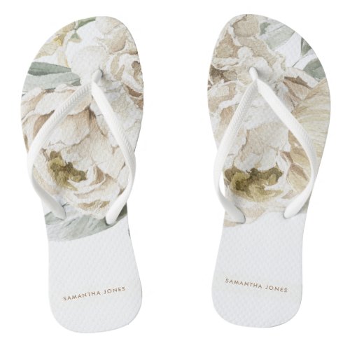 Minimalist Modern White Peonie Floral Watercolor Flip Flops