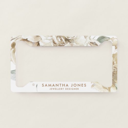 Minimalist Modern White Peonie Floral Watercolor License Plate Frame