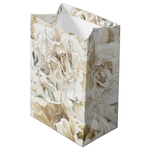 Minimalist Modern White Peonie Floral Watercolor Medium Gift Bag