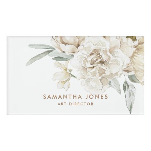 Minimalist Modern White Peonie Floral Watercolor Name Tag