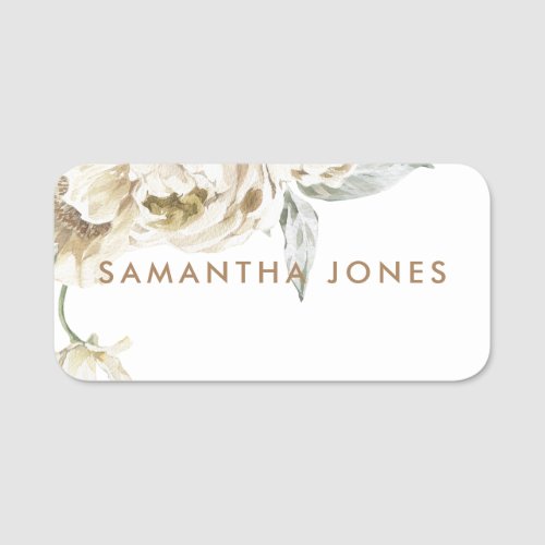 Minimalist Modern White Peonie Floral Watercolor Name Tag