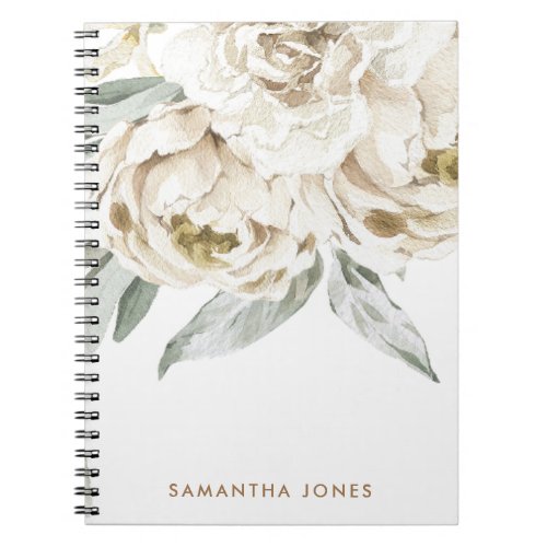 Minimalist Modern White Peonie Floral Watercolor Notebook
