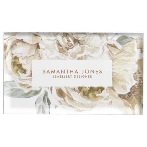 Minimalist Modern White Peonie Floral Watercolor Place Card Holder