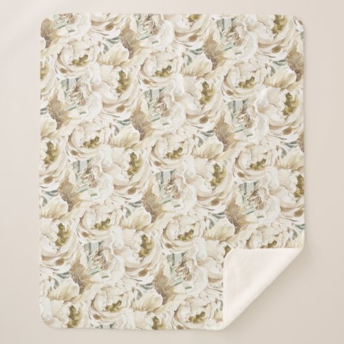 Minimalist Modern White Peonie Floral Watercolor Sherpa Blanket